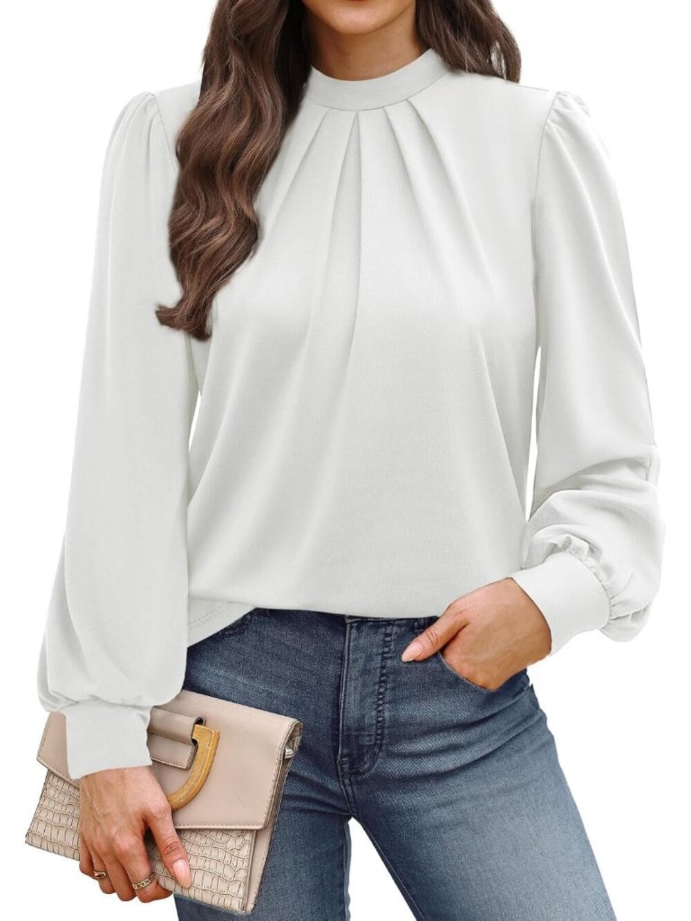 👗 Women's White Long Sleeve Shirts Pleated Front Blouses Dressy Mock Neck Tops